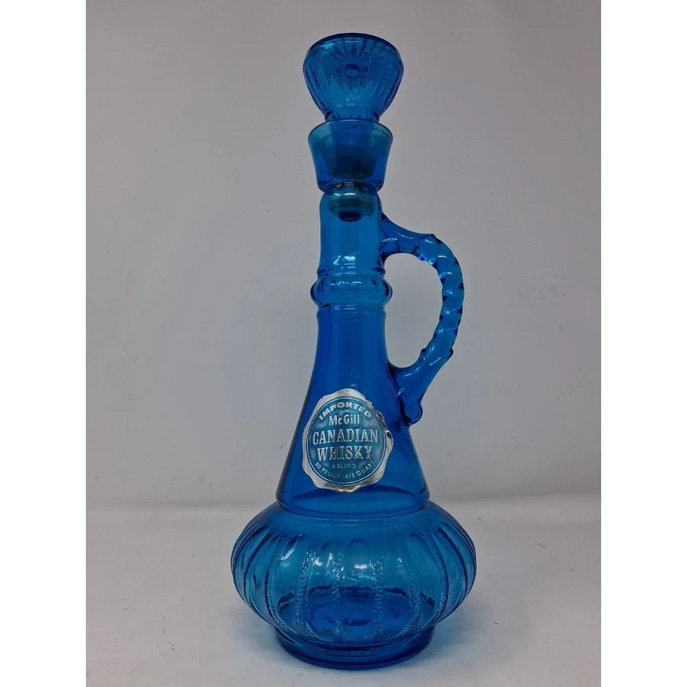 McGill Blue Glass Decanter w/ Handle & Stopper 1960s 0.2 qt KW-DRB 249